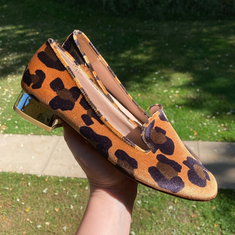 Topshop Velvet Leopard Print Slip On Loafer With Gold Reflective Mirror Heel